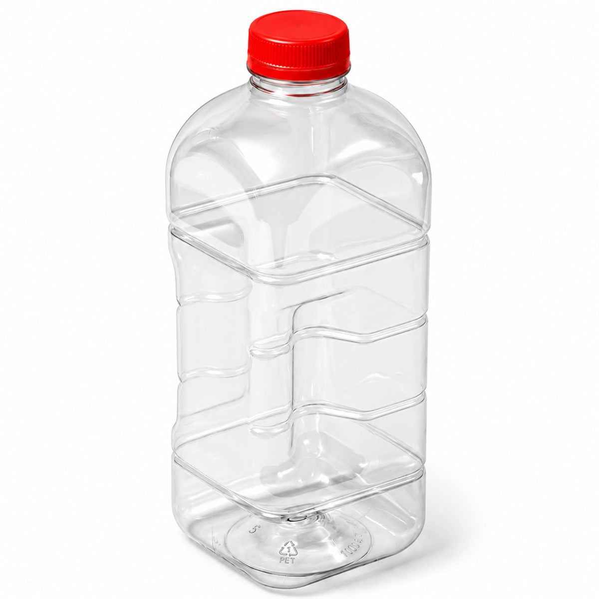 64 oz Clear PET Square Gripper Bottle - DBJ Tamper Evident Neck with Red Cap