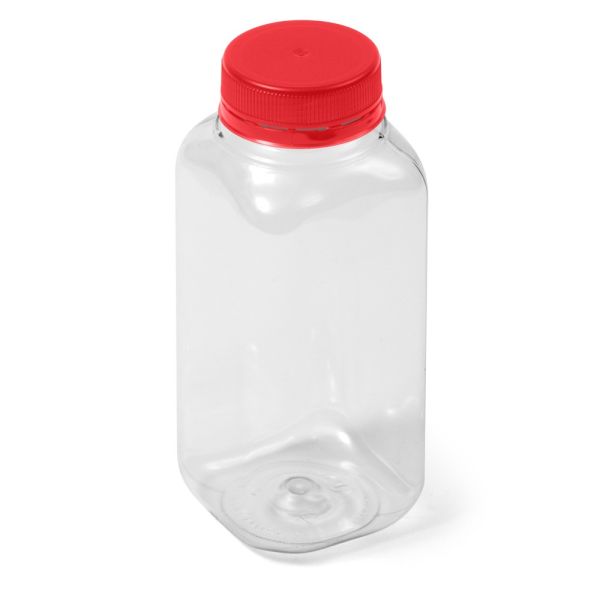 8 oz Clear PET Square Bottle - IPEC Tamper Evident Neck with Red Cap