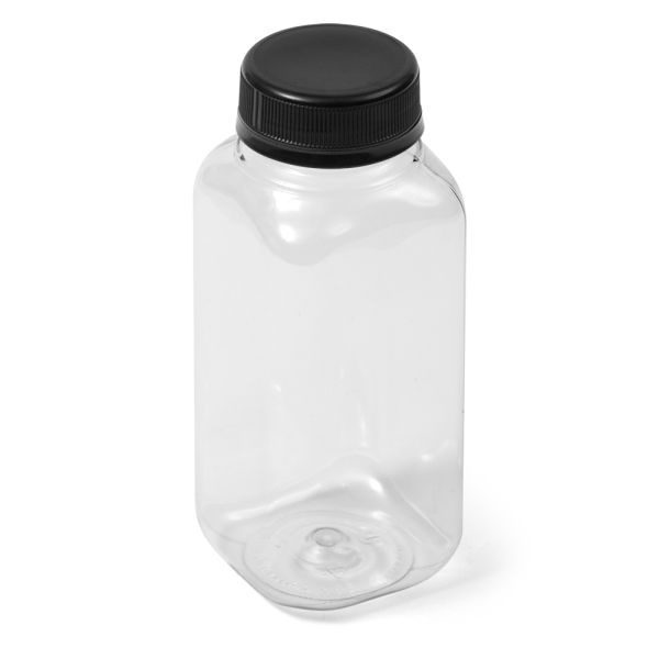 8 oz Clear PET Square Bottle - IPEC Tamper Evident Neck with Black Cap